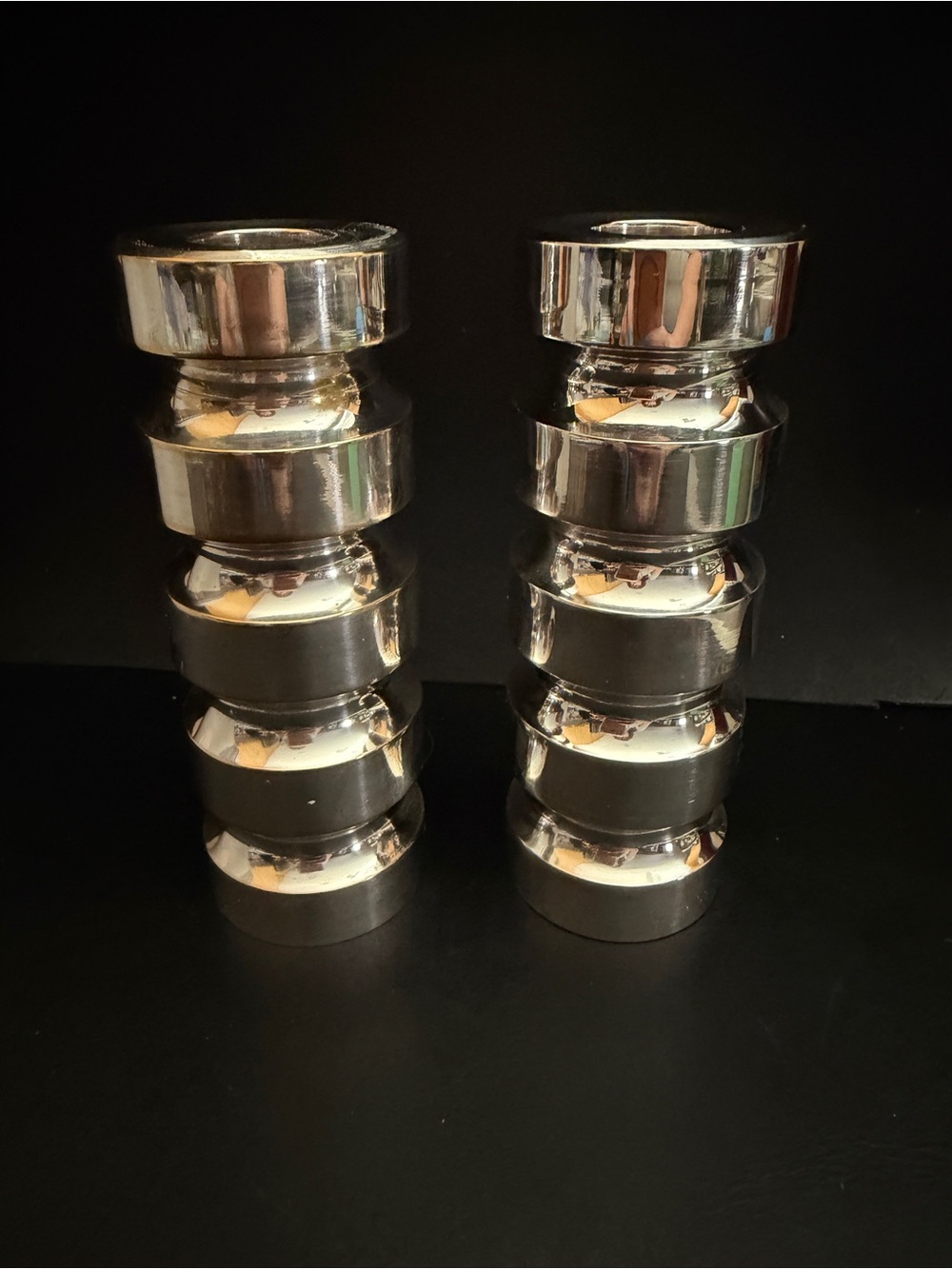 MCM Industrialist Brutalist Candlesticks Silver Plated Heavy Segmented Cylinders